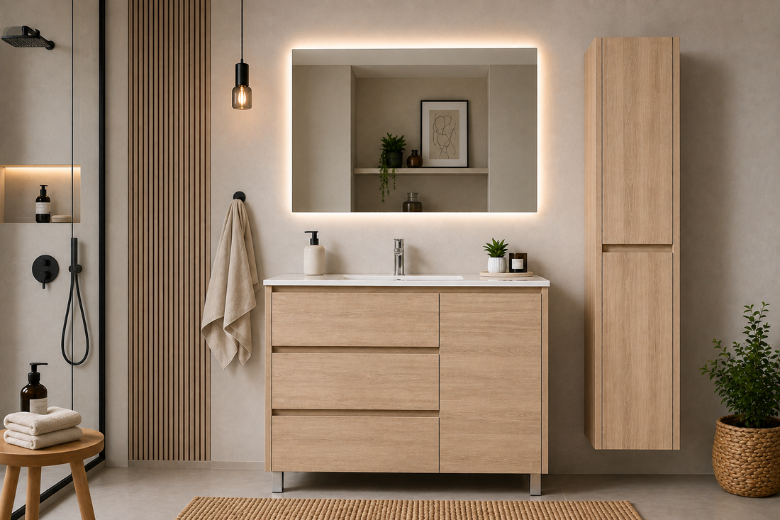 Sestava koupelnové skříňky VOLUM s umyvadlem + LED zrcadlem + sloupkem 140 cm + pákovou baterií – Estepa – 80/100/120 cm
