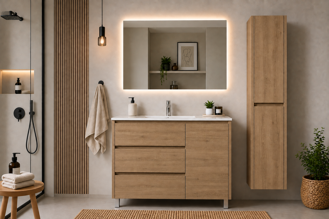 Sestava koupelnové skříňky VOLUM s umyvadlem + LED zrcadlem + sloupkem 140 cm + pákovou baterií – Estepa – 80/100/120 cm