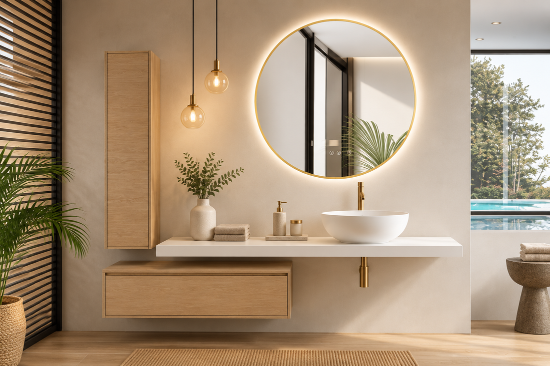 Koupelnová skříňka v barvě Estepa složená z desky 120 cm + modulu 60 cm + sloupku 120x35 + umyvadla na desku MALLORCA