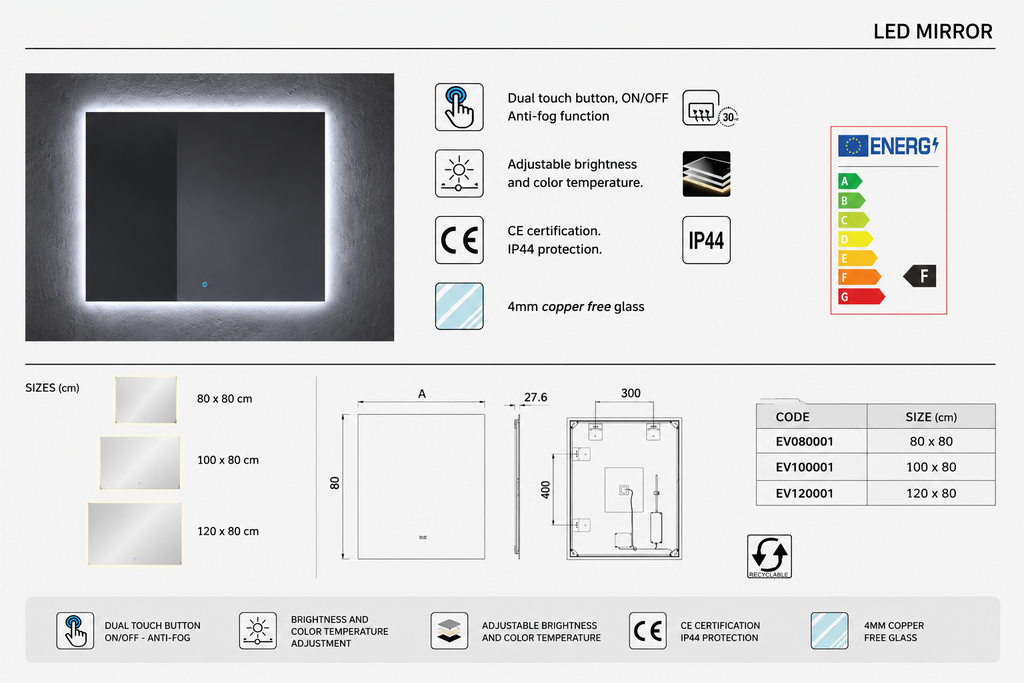 Sestava koupelnové skříňky VOLUM s umyvadlem + LED zrcadlem + sloupkem 140 cm + pákovou baterií – Estepa – 80/100/120 cm