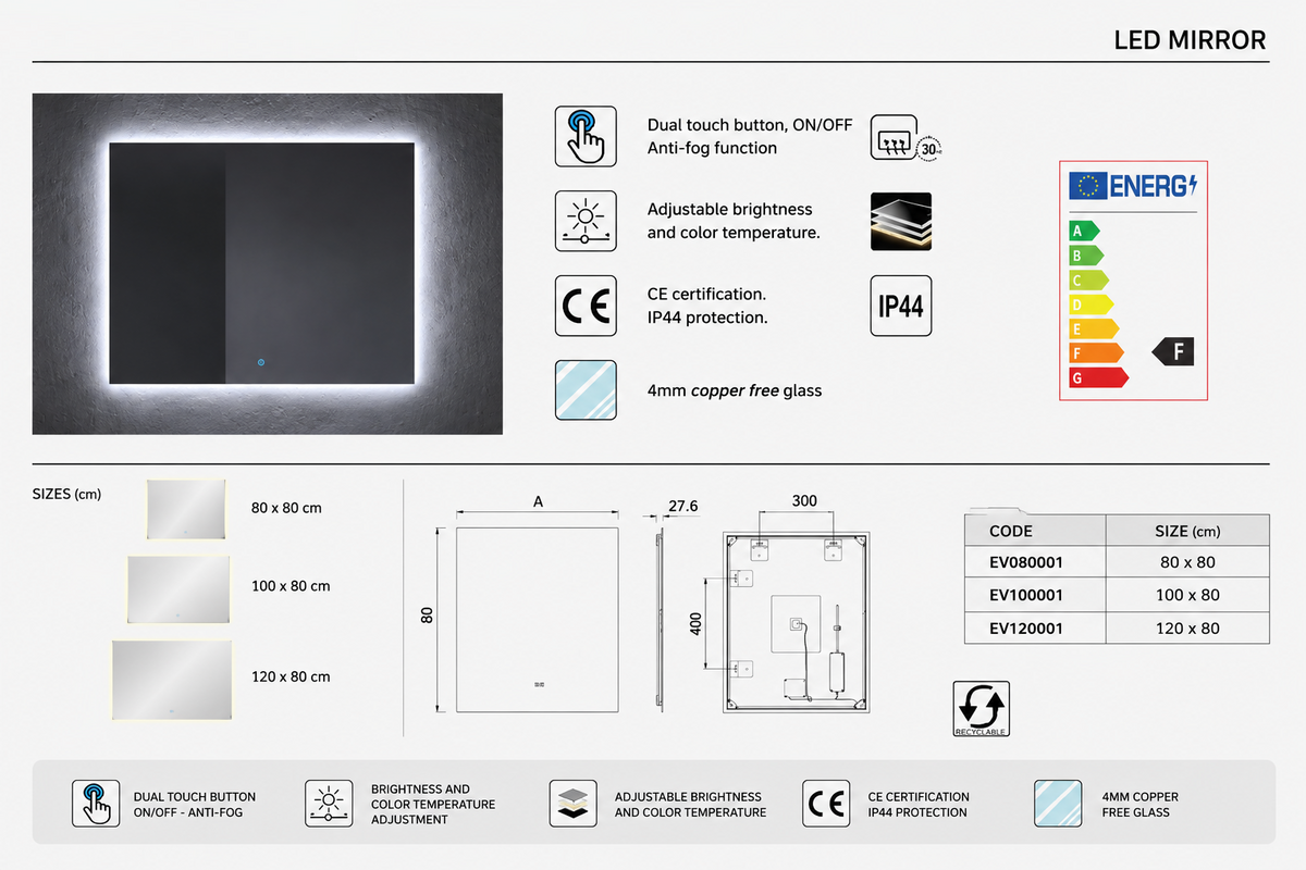 Sestava koupelnové skříňky VOLUM s umyvadlem + LED zrcadlem + sloupkem 140 cm + pákovou baterií – Estepa – 80/100/120 cm