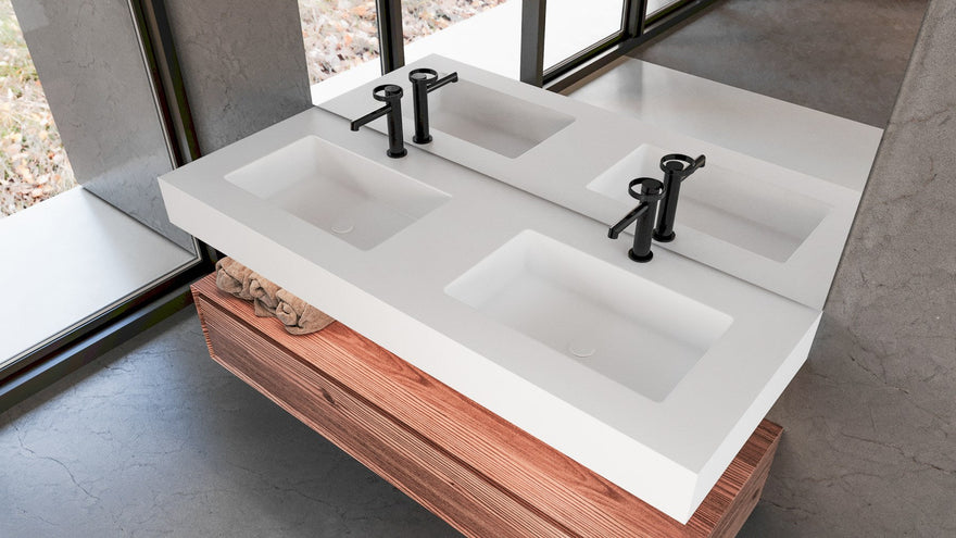 LEX Solid Surface deska se 2 podstavnými umyvadly, čelní panel až 12 cm